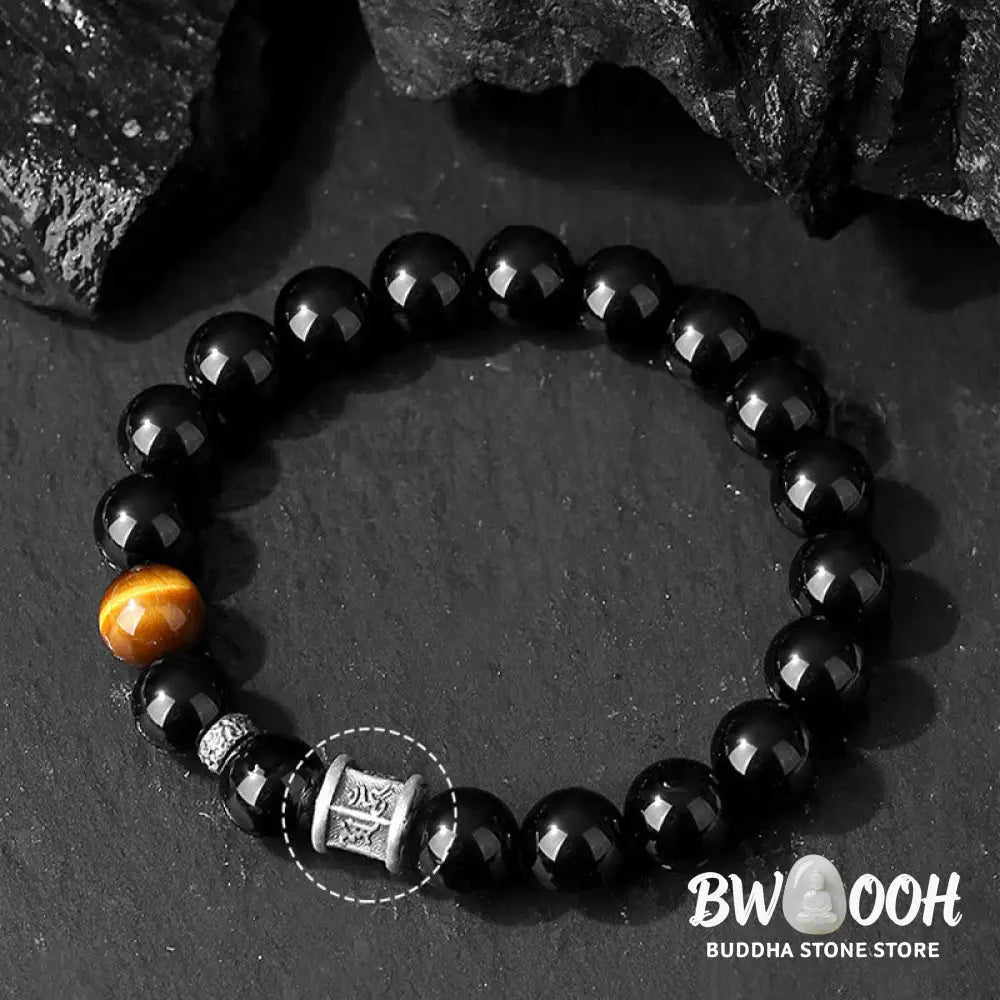 BWOOOH 999 Sterling Silver Black Obsidian Tiger Eye Om Mani Padme Hum Fulfillment Bracelet - Black
