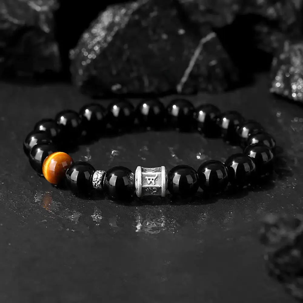 BWOOOH 999 Sterling Silver Black Obsidian Tiger Eye Om Mani Padme Hum Fulfillment Bracelet - Black