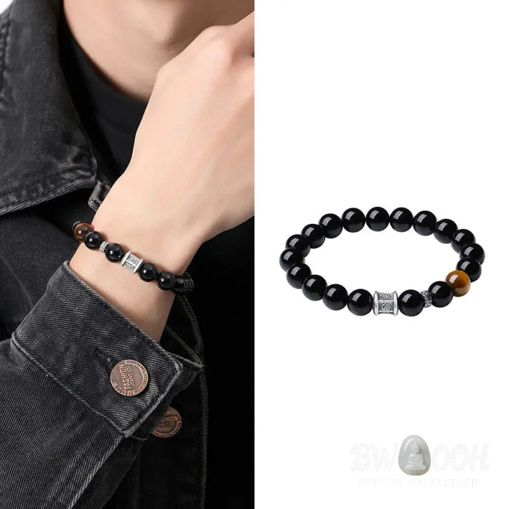 BWOOOH 999 Sterling Silver Black Obsidian Tiger Eye Om Mani Padme Hum Fulfillment Bracelet - Black
