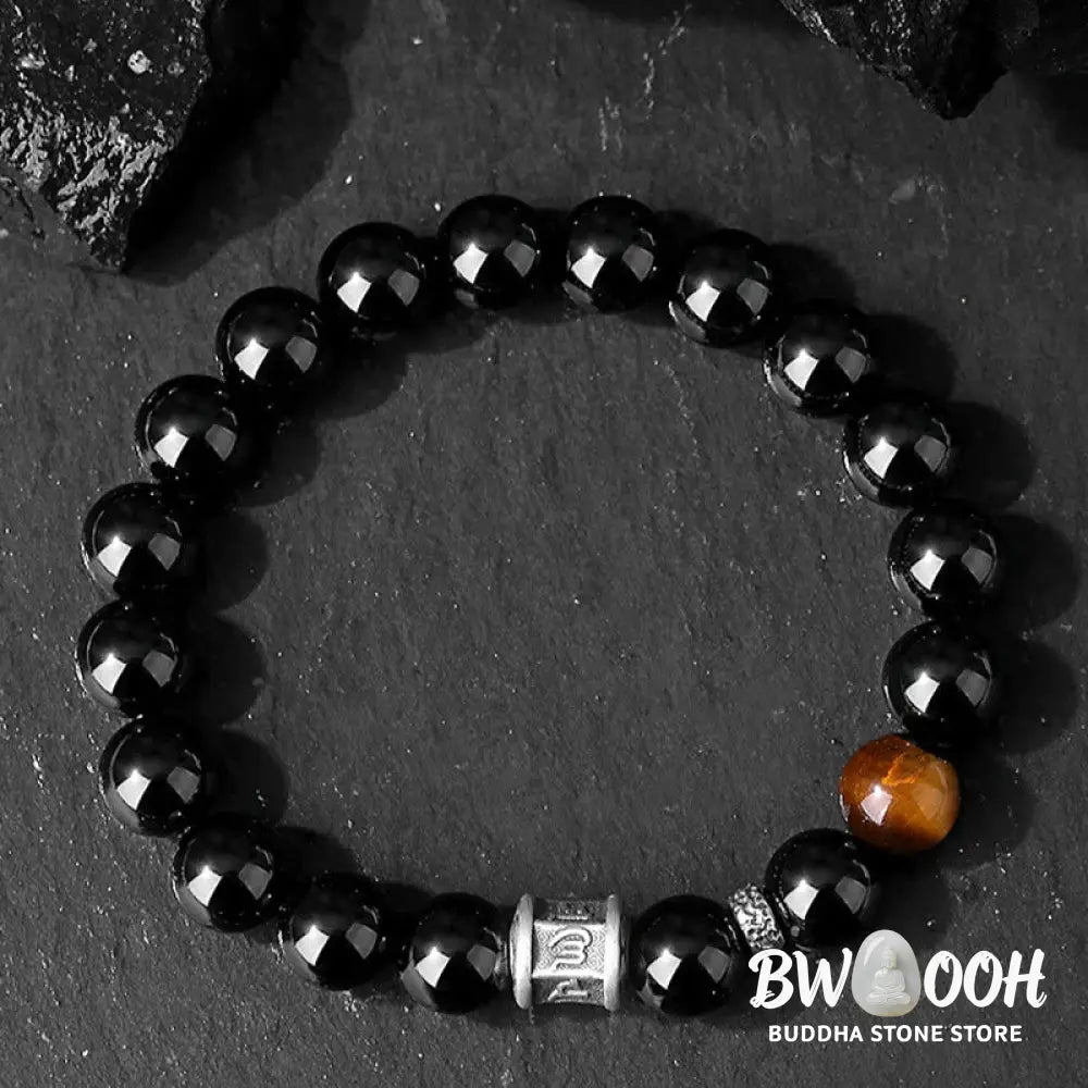 BWOOOH 999 Sterling Silver Black Obsidian Tiger Eye Om Mani Padme Hum Fulfillment Bracelet - Black
