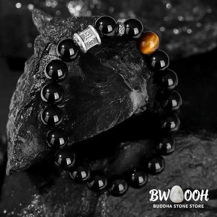 BWOOOH 999 Sterling Silver Black Obsidian Tiger Eye Om Mani Padme Hum Fulfillment Bracelet - Black