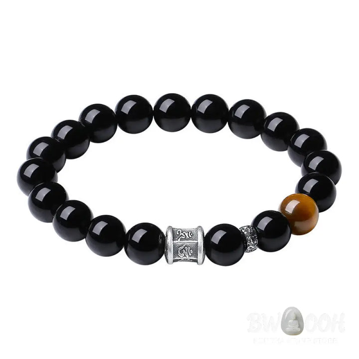 BWOOOH 999 Sterling Silver Black Obsidian Tiger Eye Om Mani Padme Hum Fulfillment Bracelet - Black