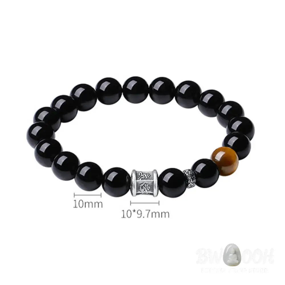 BWOOOH 999 Sterling Silver Black Obsidian Tiger Eye Om Mani Padme Hum Fulfillment Bracelet - Black