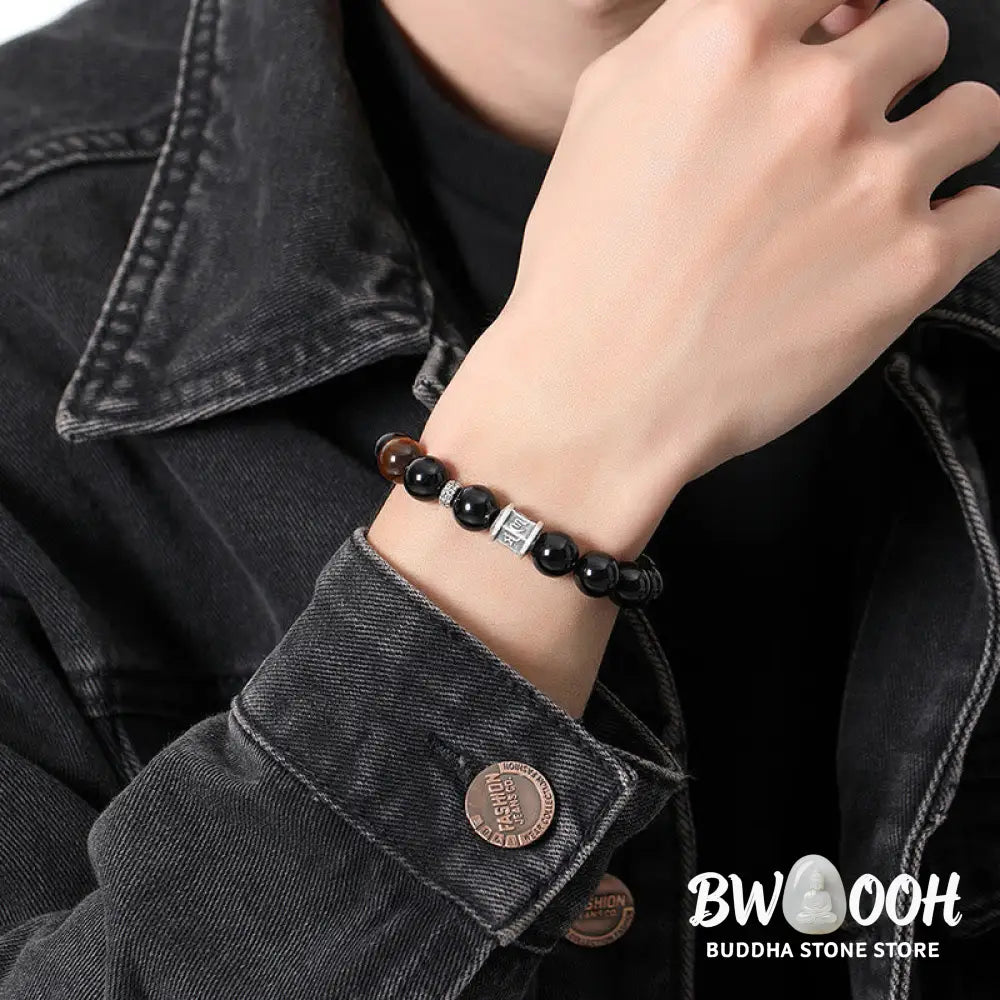 BWOOOH 999 Sterling Silver Black Obsidian Tiger Eye Om Mani Padme Hum Fulfillment Bracelet - Black