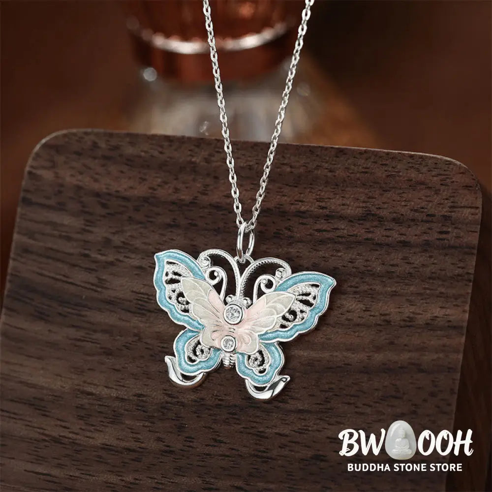 Buddha Stones 999 Sterling Silver Butterfly Blue Enamel Protection Necklace Pendant - BWOOOH - 999 Sterling Silver