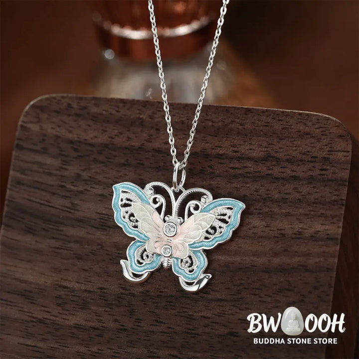 Buddha Stones 999 Sterling Silver Butterfly Blue Enamel Protection Necklace Pendant - BWOOOH - 999 Sterling Silver
