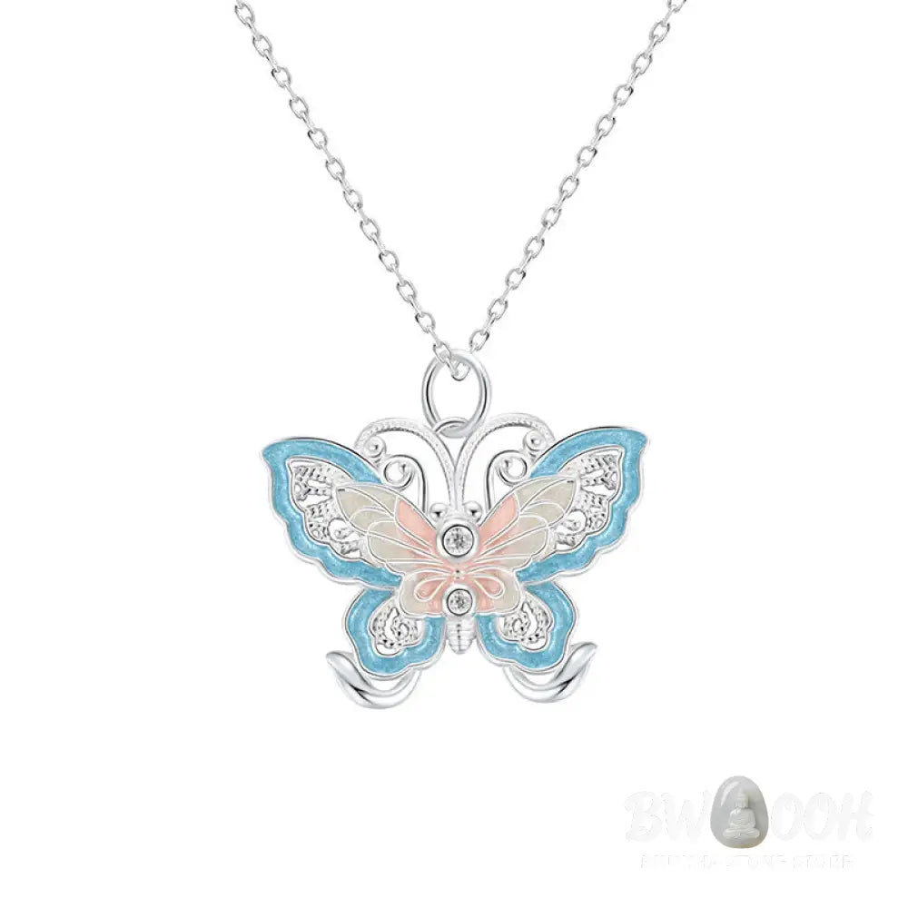 Buddha Stones 999 Sterling Silver Butterfly Blue Enamel Protection Necklace Pendant - BWOOOH - 999 Sterling Silver