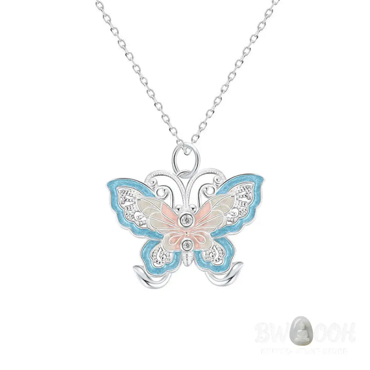Buddha Stones 999 Sterling Silver Butterfly Blue Enamel Protection Necklace Pendant - BWOOOH - 999 Sterling Silver