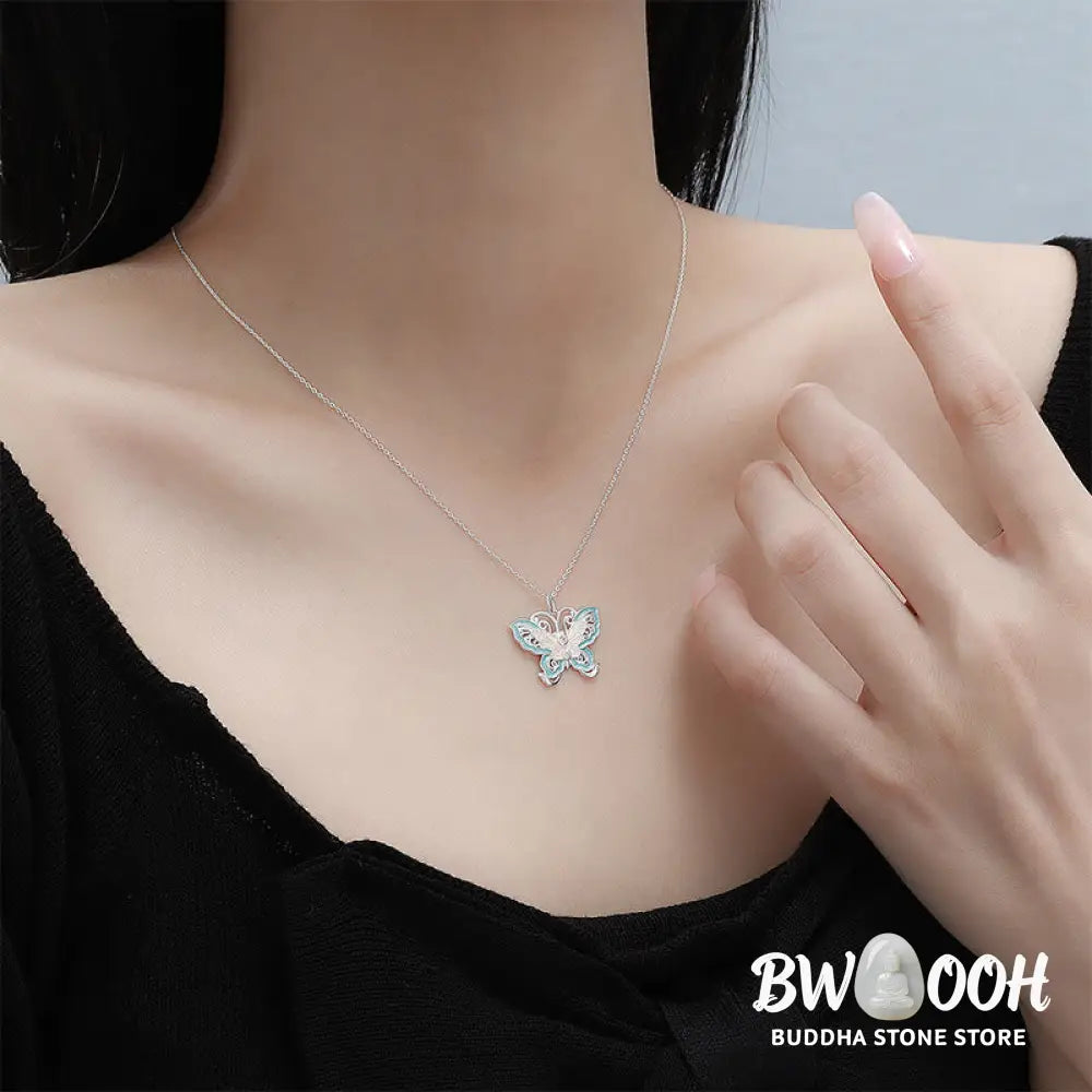 Buddha Stones 999 Sterling Silver Butterfly Blue Enamel Protection Necklace Pendant - BWOOOH - 999 Sterling Silver