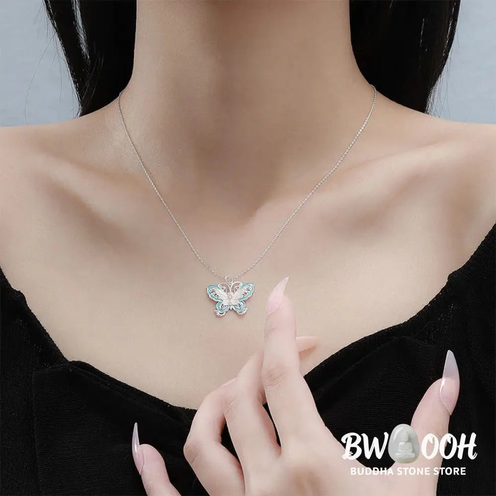 Buddha Stones 999 Sterling Silver Butterfly Blue Enamel Protection Necklace Pendant - BWOOOH - 999 Sterling Silver