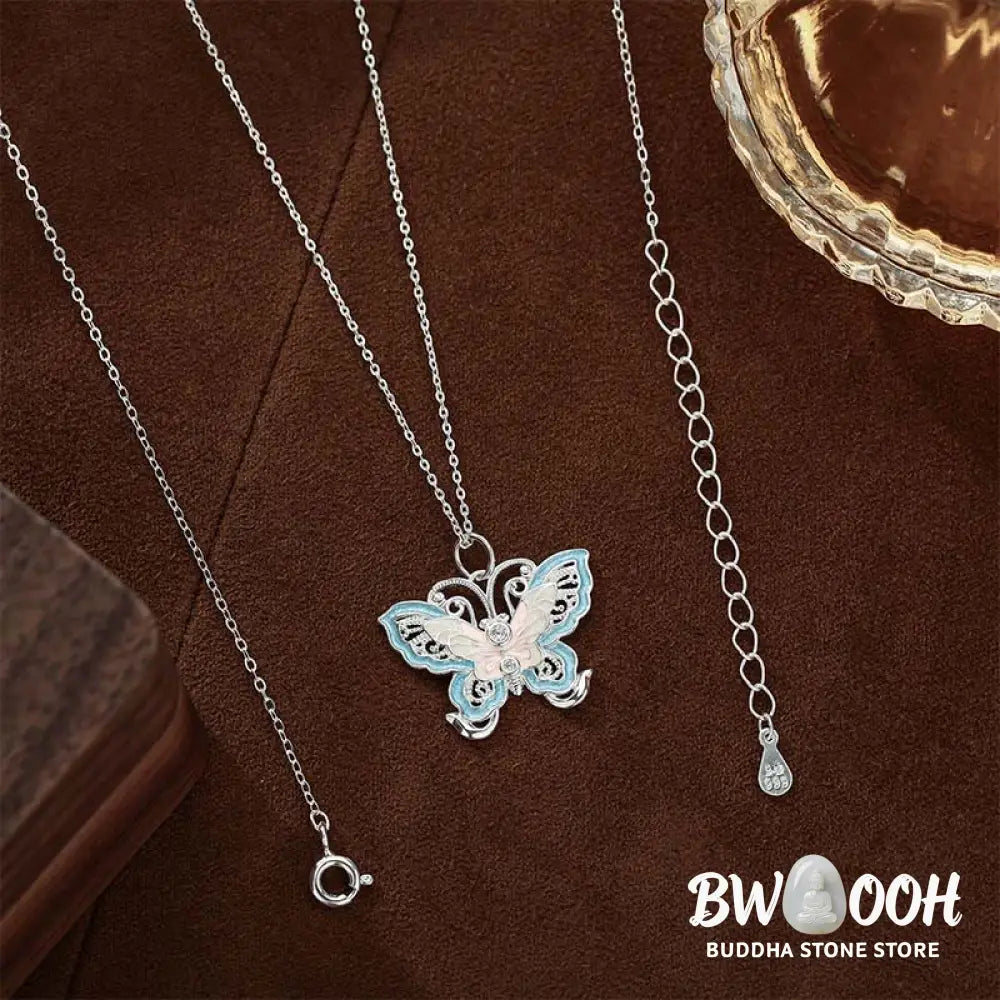 Buddha Stones 999 Sterling Silver Butterfly Blue Enamel Protection Necklace Pendant - BWOOOH - 999 Sterling Silver