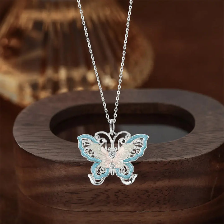 Buddha Stones 999 Sterling Silver Butterfly Blue Enamel Protection Necklace Pendant - BWOOOH - 999 Sterling Silver