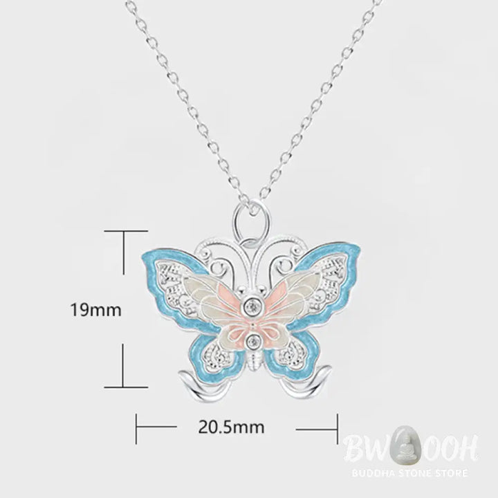 Buddha Stones 999 Sterling Silver Butterfly Blue Enamel Protection Necklace Pendant - BWOOOH - 999 Sterling Silver