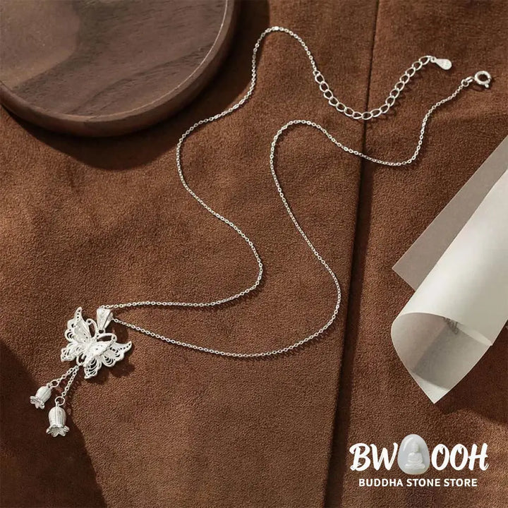 Buddha Stones 999 Sterling Silver Butterfly Lily Of The Valley Freedom Necklace Pendant - BWOOOH - 999 Sterling Silver