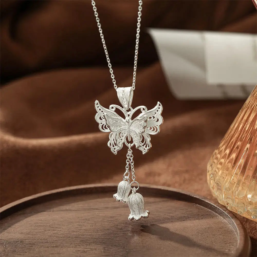 Buddha Stones 999 Sterling Silver Butterfly Lily Of The Valley Freedom Necklace Pendant - BWOOOH - 999 Sterling Silver