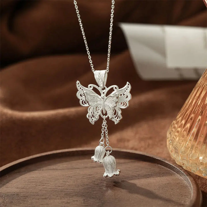 Buddha Stones 999 Sterling Silver Butterfly Lily Of The Valley Freedom Necklace Pendant - BWOOOH - 999 Sterling Silver