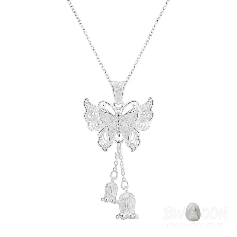 Buddha Stones 999 Sterling Silver Butterfly Lily Of The Valley Freedom Necklace Pendant - BWOOOH - 999 Sterling Silver