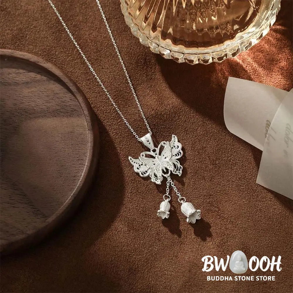 Buddha Stones 999 Sterling Silver Butterfly Lily Of The Valley Freedom Necklace Pendant - BWOOOH - 999 Sterling Silver
