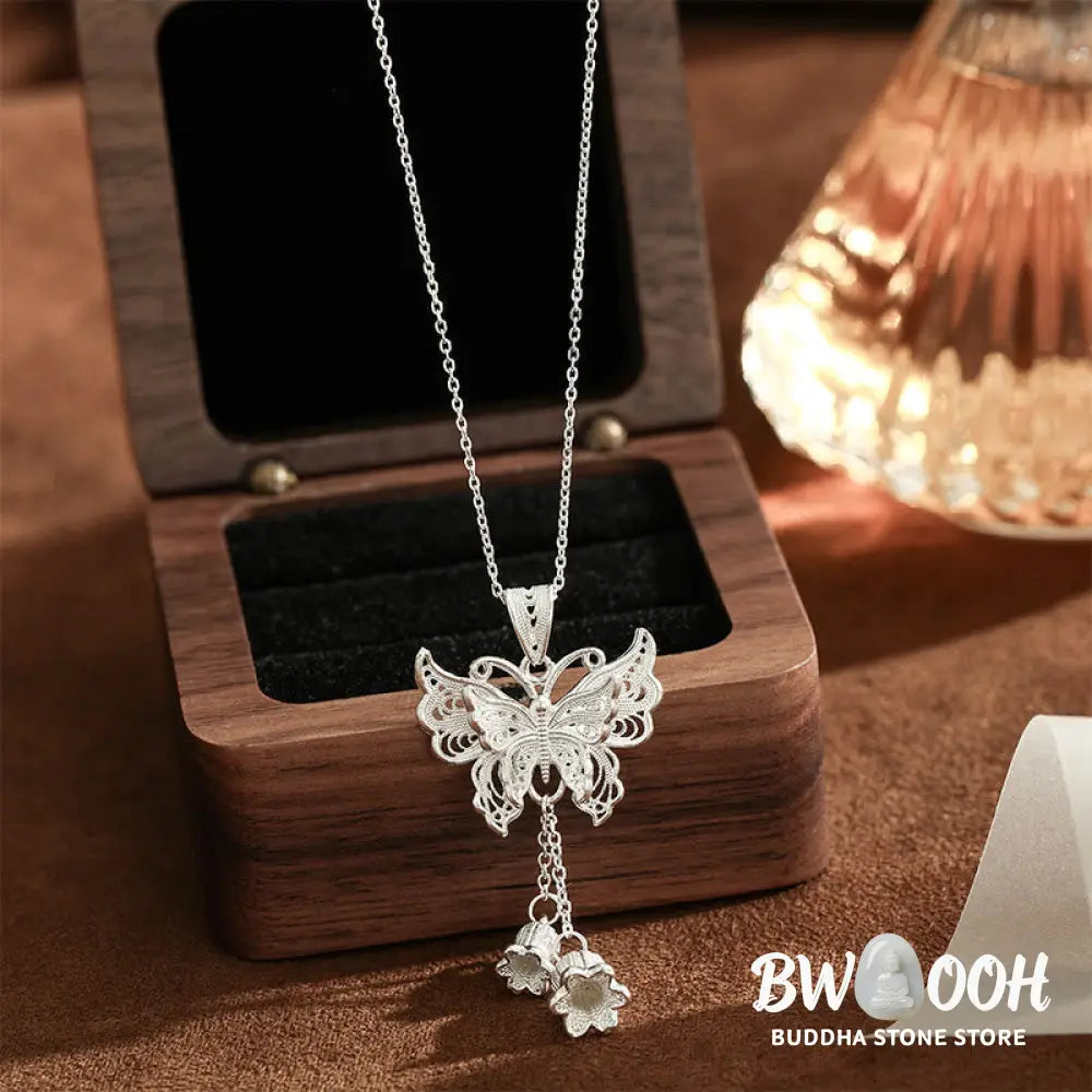 Buddha Stones 999 Sterling Silver Butterfly Lily Of The Valley Freedom Necklace Pendant - BWOOOH - 999 Sterling Silver