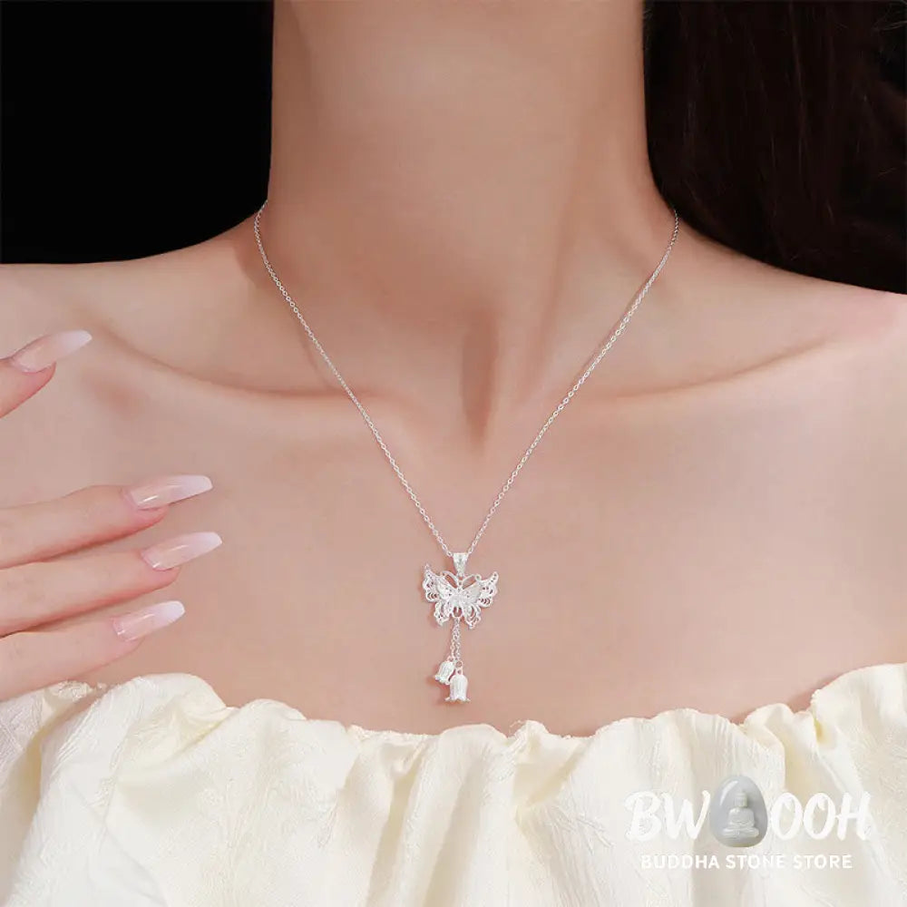 Buddha Stones 999 Sterling Silver Butterfly Lily Of The Valley Freedom Necklace Pendant - BWOOOH - 999 Sterling Silver