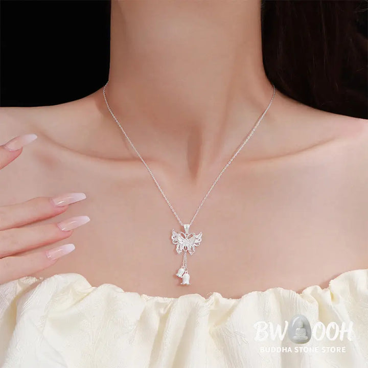 Buddha Stones 999 Sterling Silver Butterfly Lily Of The Valley Freedom Necklace Pendant - BWOOOH - 999 Sterling Silver