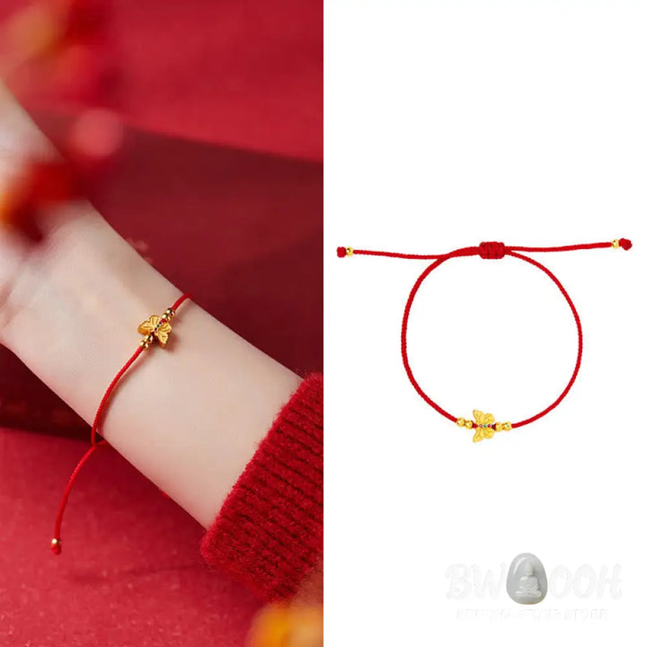 Buddha Stones 999 Sterling Silver Butterfly Red String Strength Bracelet - Butterfly(Wrist Circumference:14-18cm)