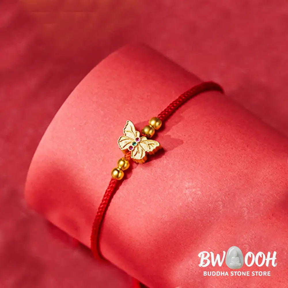 Buddha Stones 999 Sterling Silver Butterfly Red String Strength Bracelet - Butterfly(Wrist Circumference:14-18cm)
