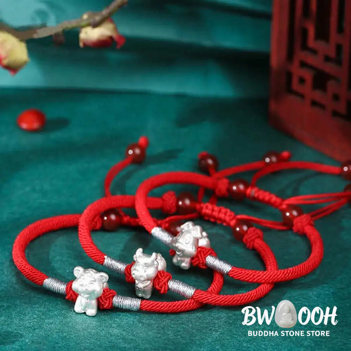 Buddha Stones 999 Sterling Silver Chinese Zodiac Luck Strength Red String Bracelet - BWOOOH - Bracelet