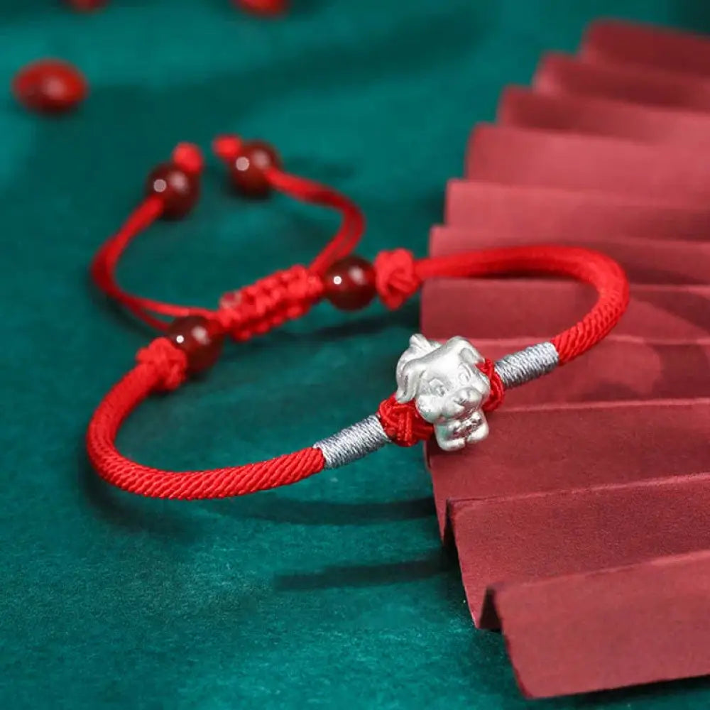 Buddha Stones 999 Sterling Silver Chinese Zodiac Luck Strength Red String Bracelet - BWOOOH - Dog(Bracelet Size 15.5cm
