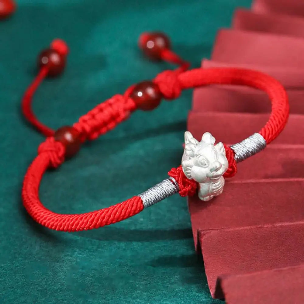 Buddha Stones 999 Sterling Silver Chinese Zodiac Luck Strength Red String Bracelet - BWOOOH - Dragon(Bracelet Size