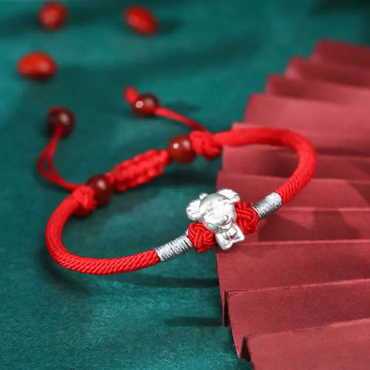 Buddha Stones 999 Sterling Silver Chinese Zodiac Luck Strength Red String Bracelet - BWOOOH - Goat(Bracelet Size 15.5cm