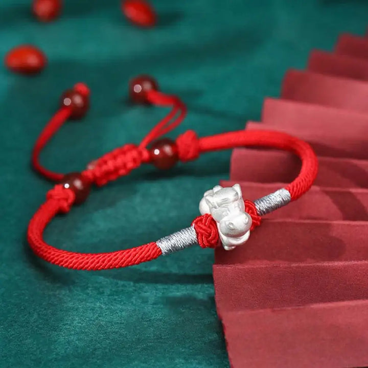 Buddha Stones 999 Sterling Silver Chinese Zodiac Luck Strength Red String Bracelet - BWOOOH - Horse(Bracelet Size