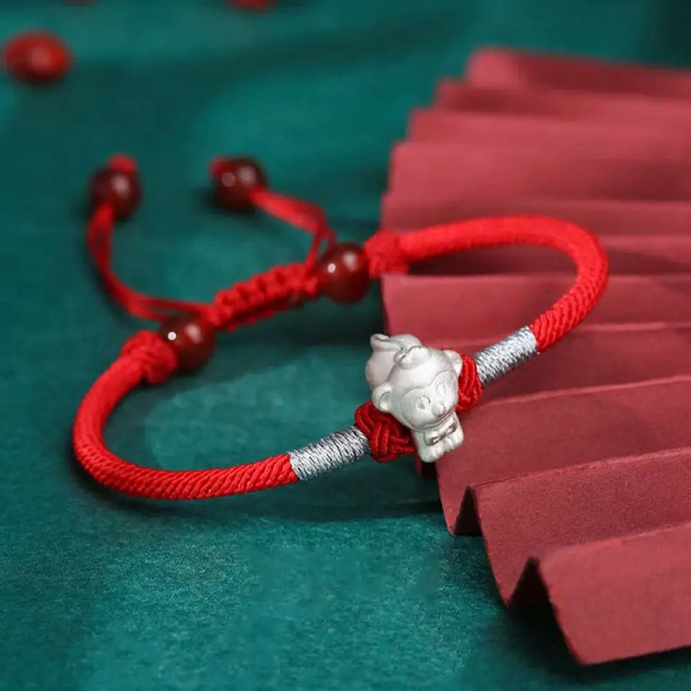 Buddha Stones 999 Sterling Silver Chinese Zodiac Luck Strength Red String Bracelet - BWOOOH - Monkey(Bracelet Size
