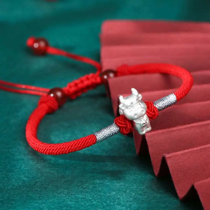 Buddha Stones 999 Sterling Silver Chinese Zodiac Luck Strength Red String Bracelet - BWOOOH - Ox(Bracelet Size 15.5cm