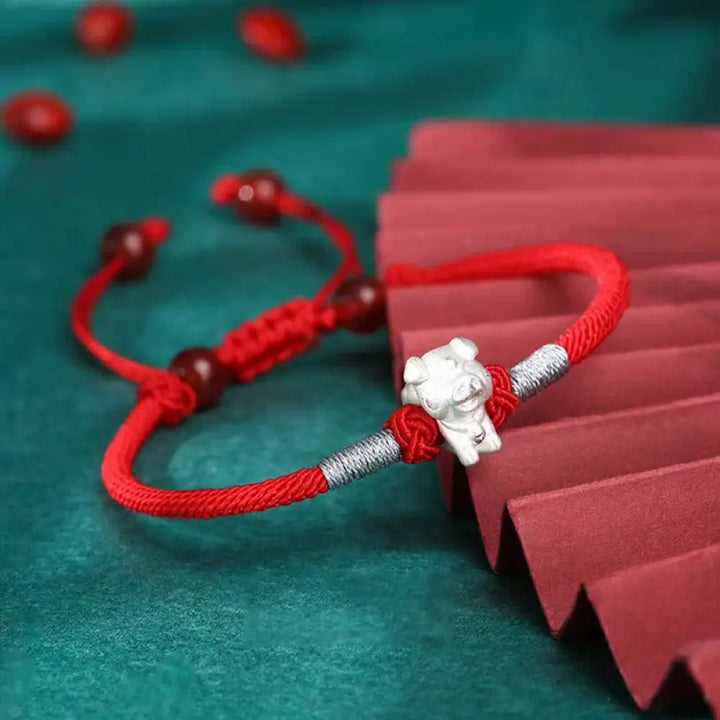 Buddha Stones 999 Sterling Silver Chinese Zodiac Luck Strength Red String Bracelet - BWOOOH - Pig(Bracelet Size 15.5cm