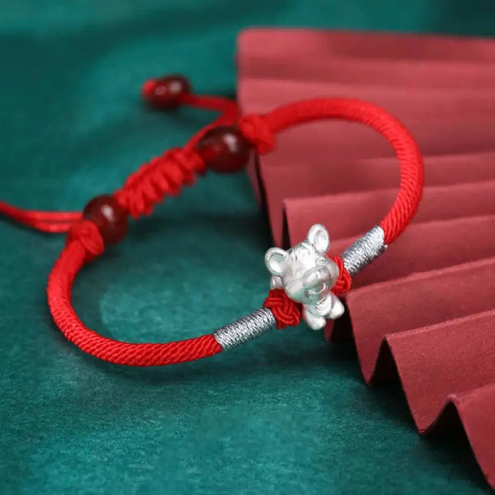Buddha Stones 999 Sterling Silver Chinese Zodiac Luck Strength Red String Bracelet - BWOOOH - Rat(Bracelet Size 15.5cm
