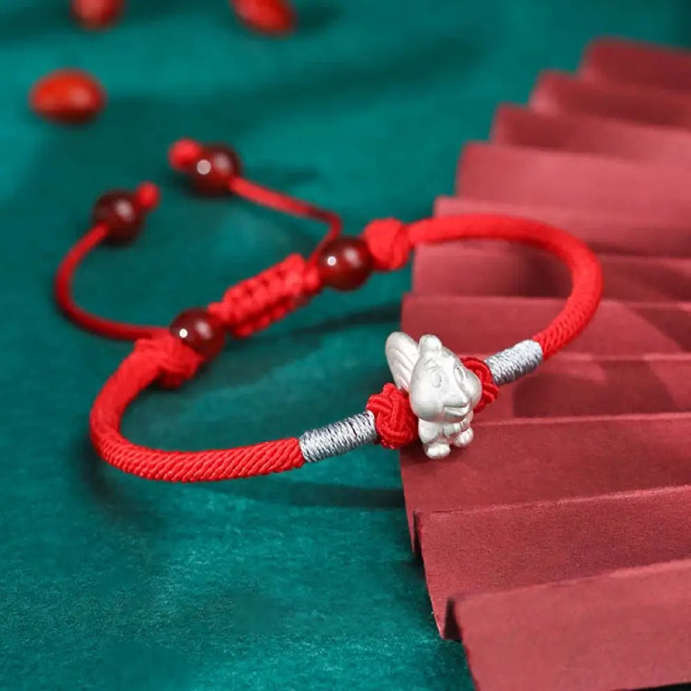 Buddha Stones 999 Sterling Silver Chinese Zodiac Luck Strength Red String Bracelet - BWOOOH - Rooster(Bracelet Size