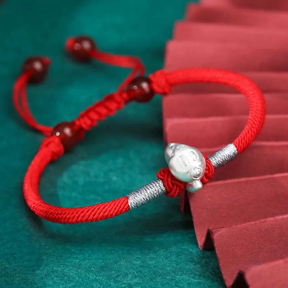 Buddha Stones 999 Sterling Silver Chinese Zodiac Luck Strength Red String Bracelet - BWOOOH - Snake(Bracelet Size