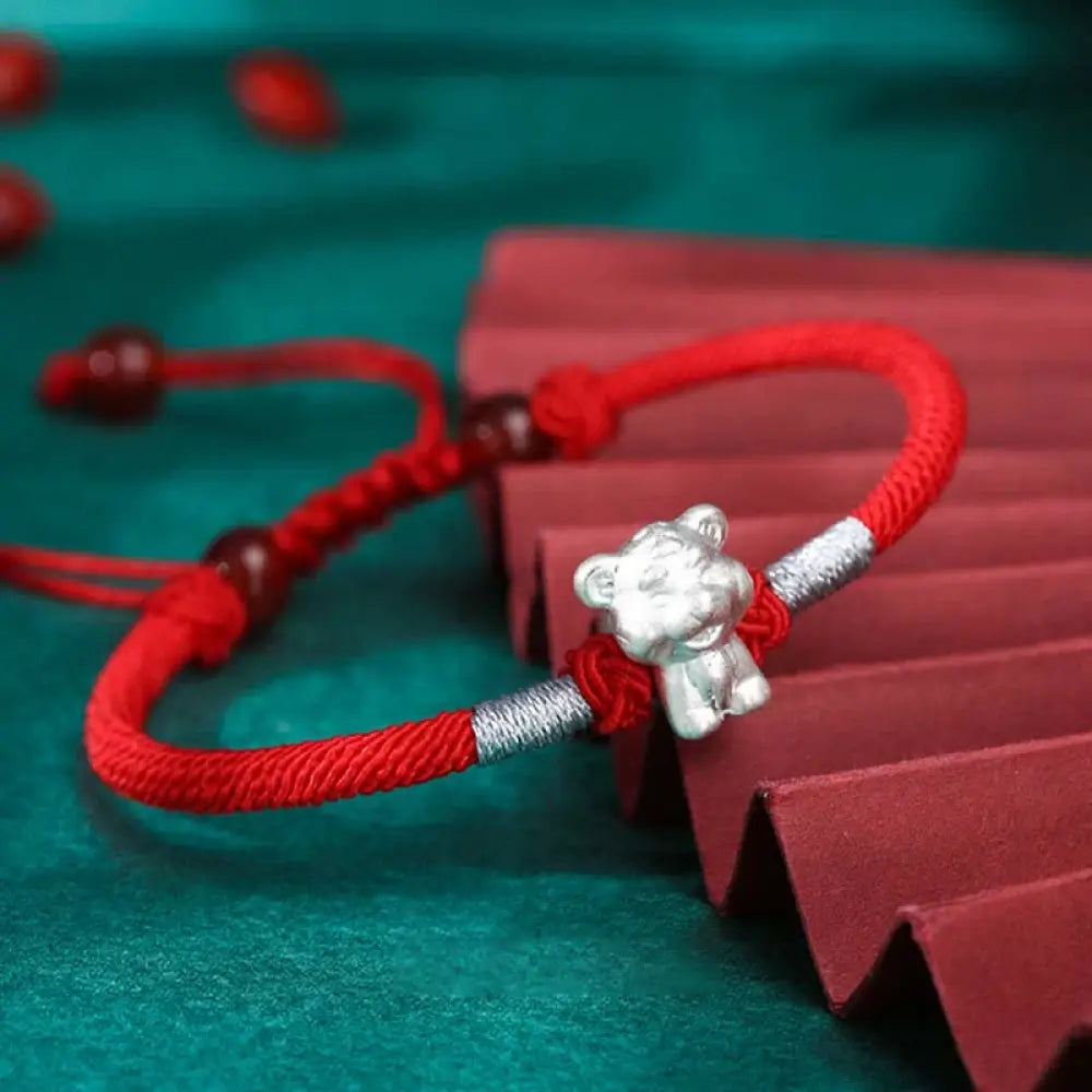 Buddha Stones 999 Sterling Silver Chinese Zodiac Luck Strength Red String Bracelet - BWOOOH - Tiger(Bracelet Size