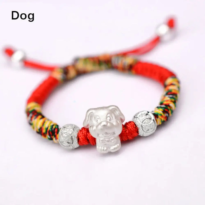 Buddha Stones 999 Sterling Silver Chinese Zodiac Red Rope Luck Handcrafted Kids Bracelet - BWOOOH - Dog-Colorful