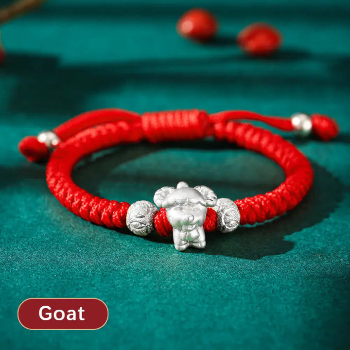 Buddha Stones 999 Sterling Silver Chinese Zodiac Red Rope Luck Handcrafted Kids Bracelet - BWOOOH - Goat(Bracelet Size