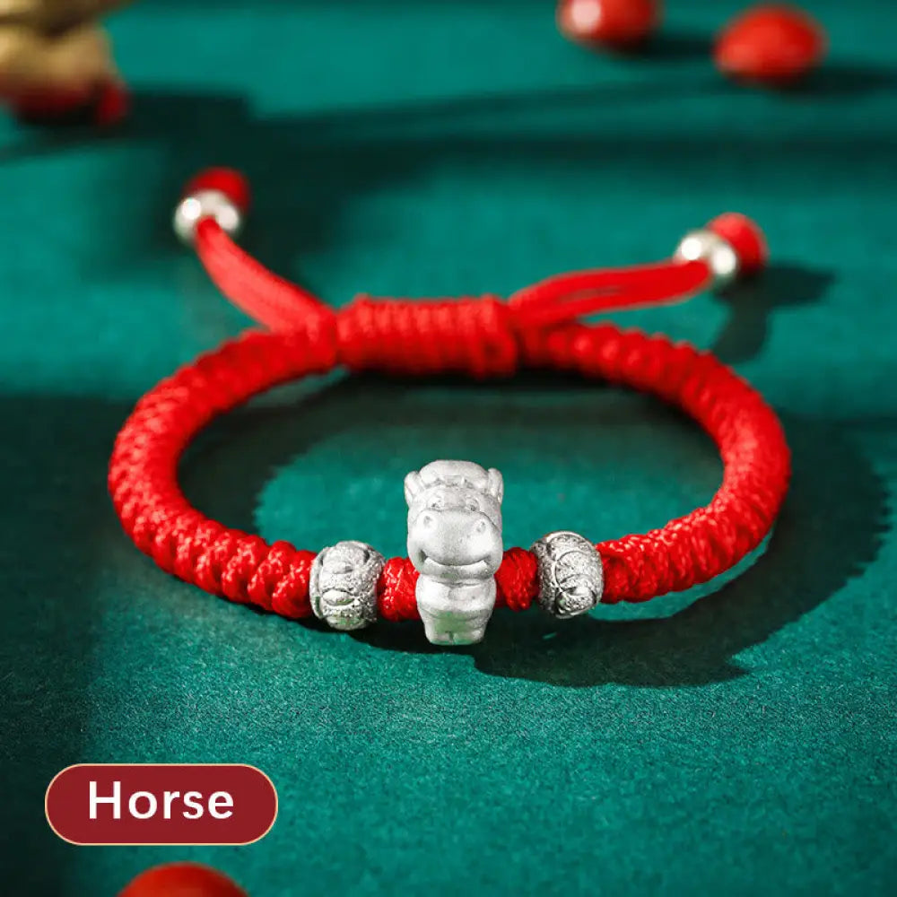 Buddha Stones 999 Sterling Silver Chinese Zodiac Red Rope Luck Handcrafted Kids Bracelet - BWOOOH - Horse(Bracelet Size