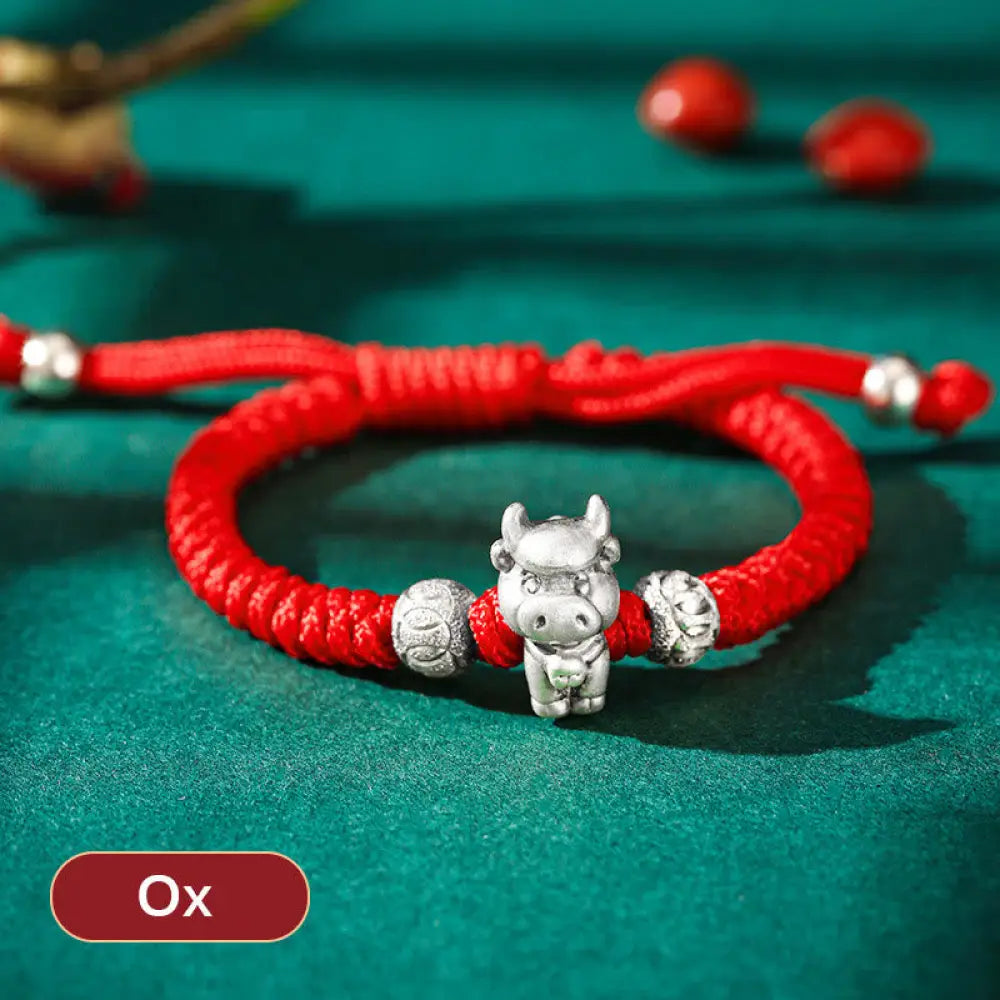 Buddha Stones 999 Sterling Silver Chinese Zodiac Red Rope Luck Handcrafted Kids Bracelet - BWOOOH - Ox(Bracelet Size 12