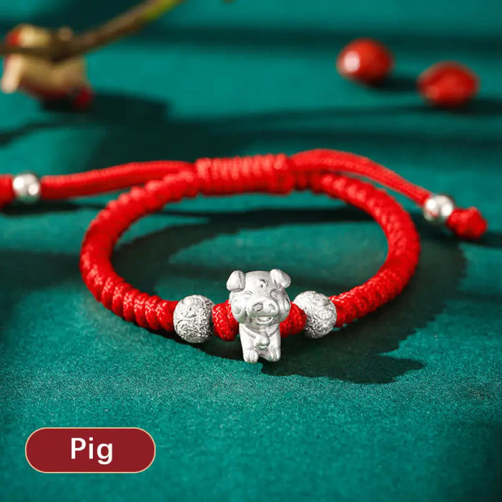 Buddha Stones 999 Sterling Silver Chinese Zodiac Red Rope Luck Handcrafted Kids Bracelet - BWOOOH - Pig(Bracelet Size