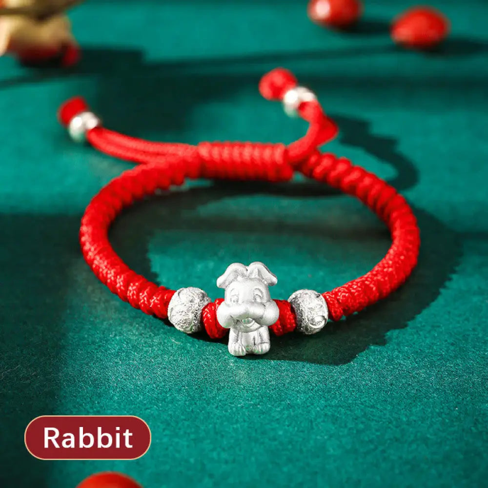 Buddha Stones 999 Sterling Silver Chinese Zodiac Red Rope Luck Handcrafted Kids Bracelet - BWOOOH - Rabbit(Bracelet