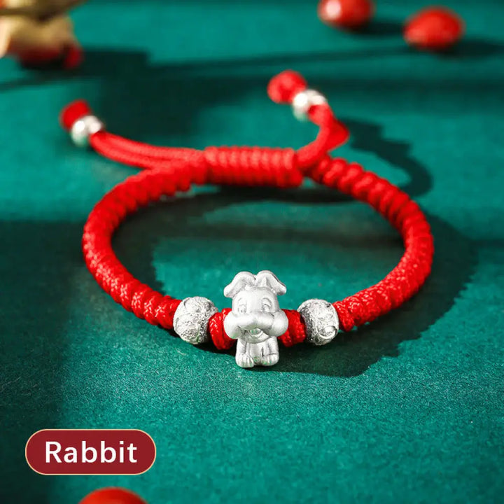 Buddha Stones 999 Sterling Silver Chinese Zodiac Red Rope Luck Handcrafted Kids Bracelet - BWOOOH - Rabbit(Bracelet