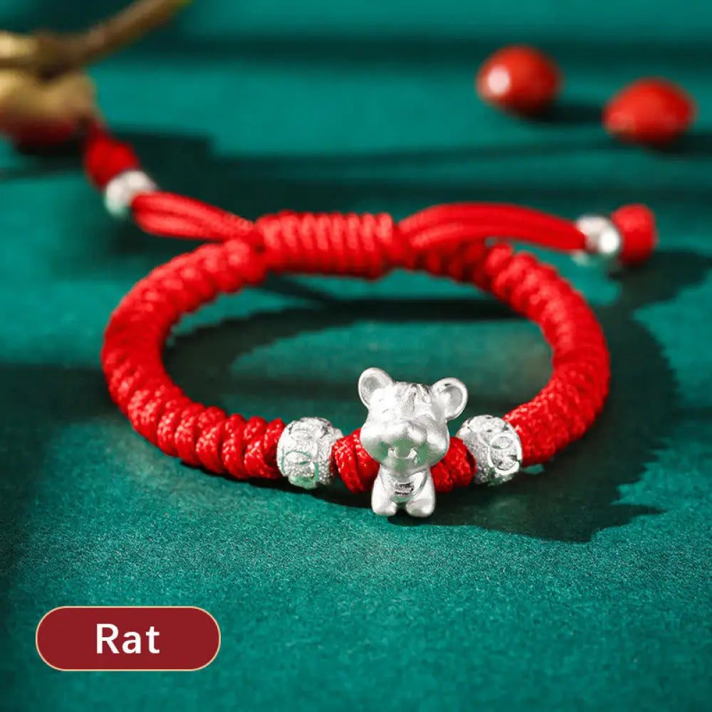 Buddha Stones 999 Sterling Silver Chinese Zodiac Red Rope Luck Handcrafted Kids Bracelet - BWOOOH - Rat(Bracelet Size