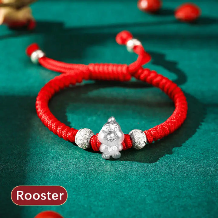 Buddha Stones 999 Sterling Silver Chinese Zodiac Red Rope Luck Handcrafted Kids Bracelet - BWOOOH - Rooster(Bracelet