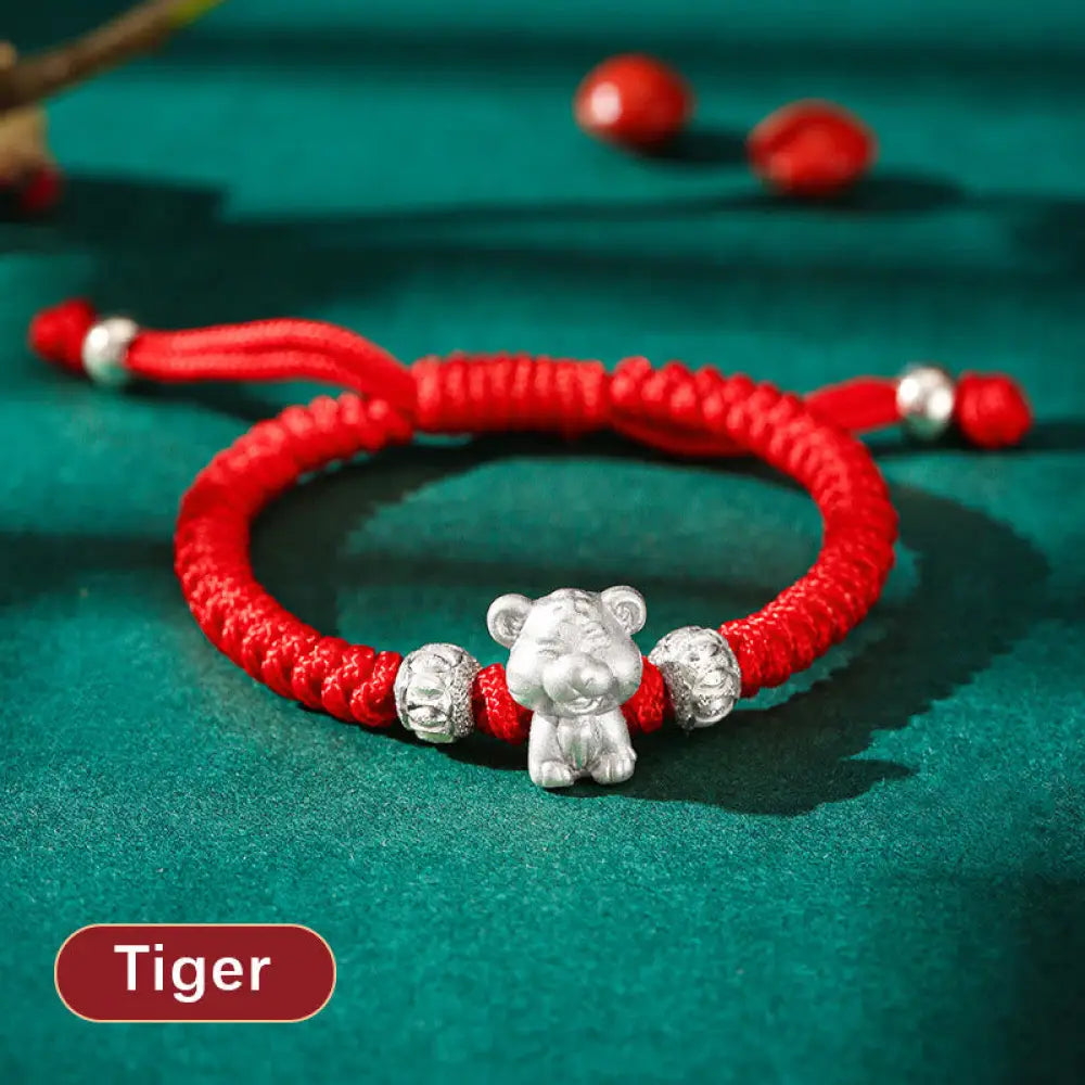 Buddha Stones 999 Sterling Silver Chinese Zodiac Red Rope Luck Handcrafted Kids Bracelet - BWOOOH - Tiger(Bracelet Size