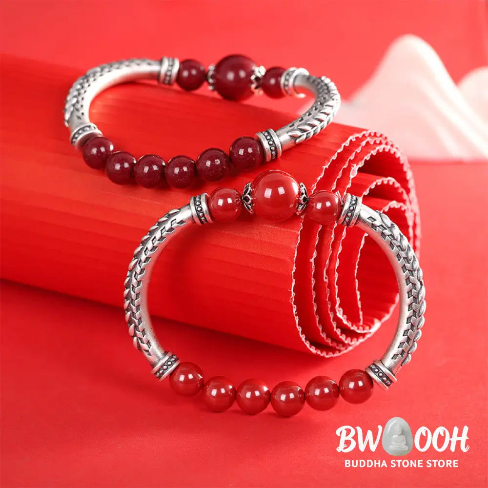Buddha Stones 999 Sterling Silver Cinnabar Wheat Ears Blessing Bracelet Bangle - BWOOOH - Bracelet Bangle